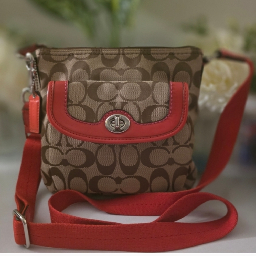 Coach Brown Signature Crossbody with Red Trim